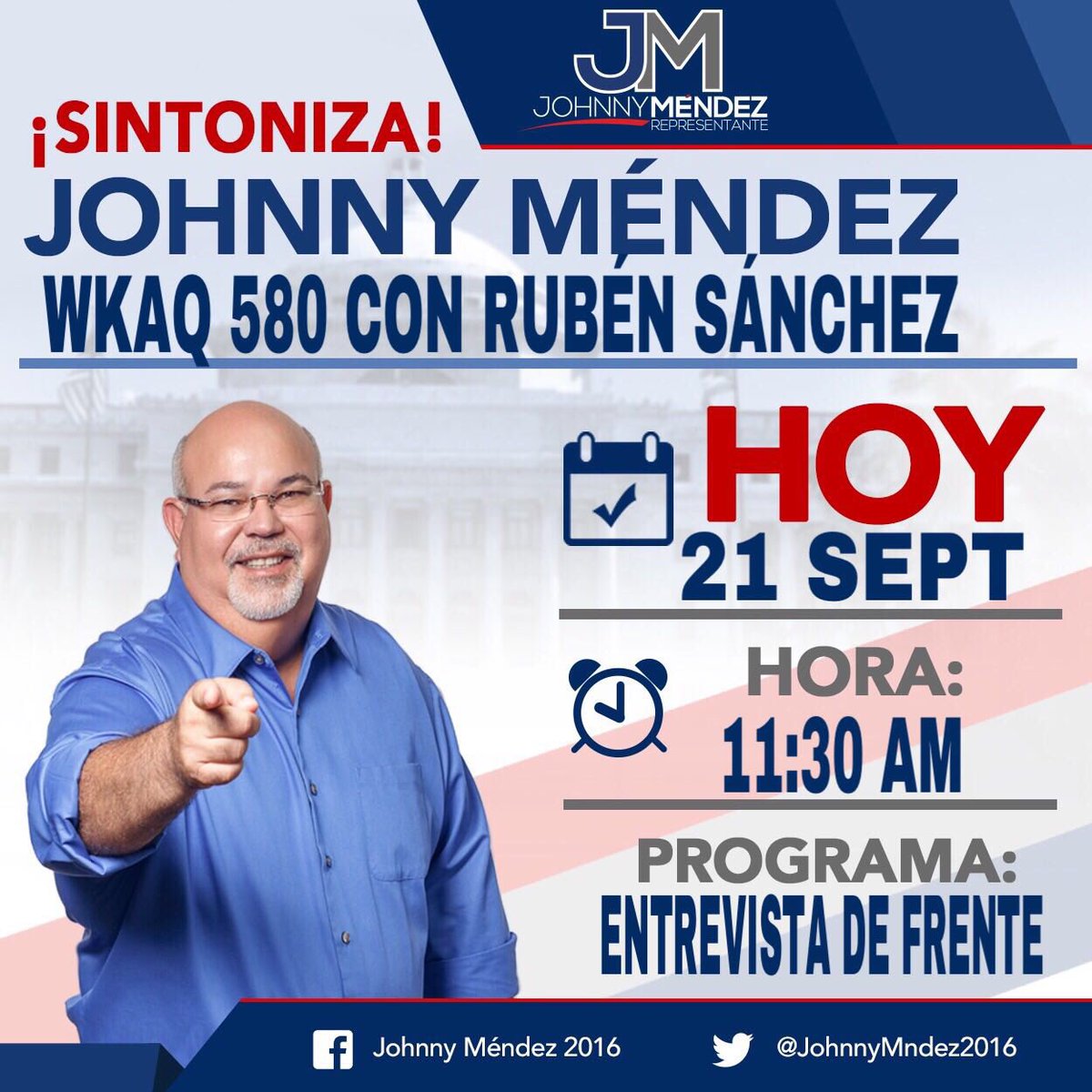 RicardoWritein's tweet photo. .@JohnnyMndez2016 estará participando en entrevista con #RubénSánchez por @WKAQ580 analizando los temas de interés. #JMParaPR #EnRRuta https://t.co/VSqEa952yd
