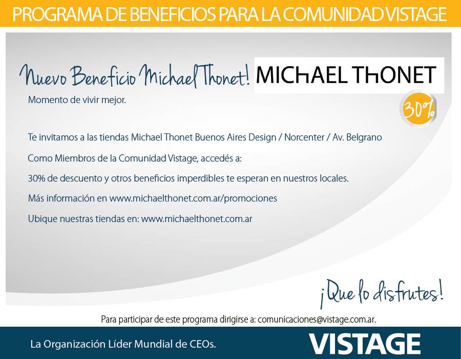 vistagearg's tweet photo. #ProgramaBeneficios #MiembrosVistage Beneficio Michael Thonet. Consultá en https://t.co/yXk7gyfcx1 https://t.co/ShQmsiEBRp