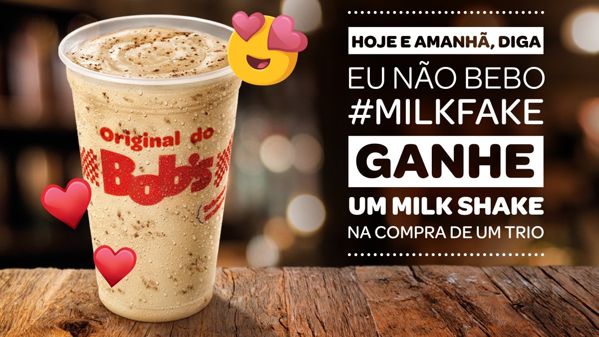bobsbrasil's tweet image. É só hoje e amanhã! Compre um Trio, diga "Eu não bebo #MilkFake" e leve um Milk Shake do Bob's. Saiba mais aqui: bit.ly/PromoMilkFake