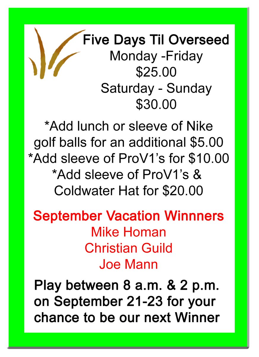ColdwaterGC's tweet image. Only Five Days Til Over-seed!
Play between 8 am - 2 pm for your chance to win!