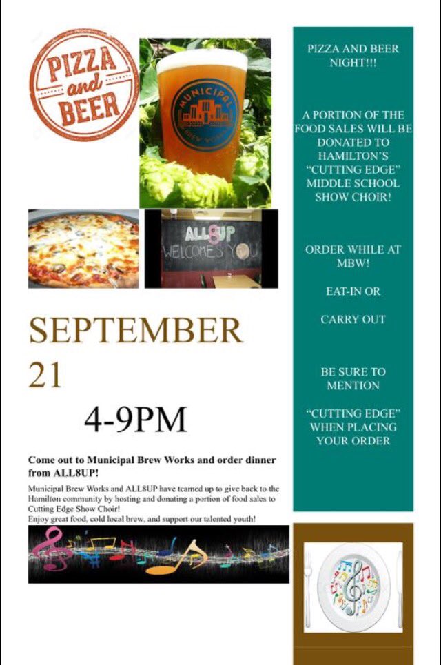 All8Up_'s tweet photo. Come stop by Municipal Brewworks and/or All8Up to support Hamilton's own Cutting Edge Show Choir https://t.co/WritQ2a1NF