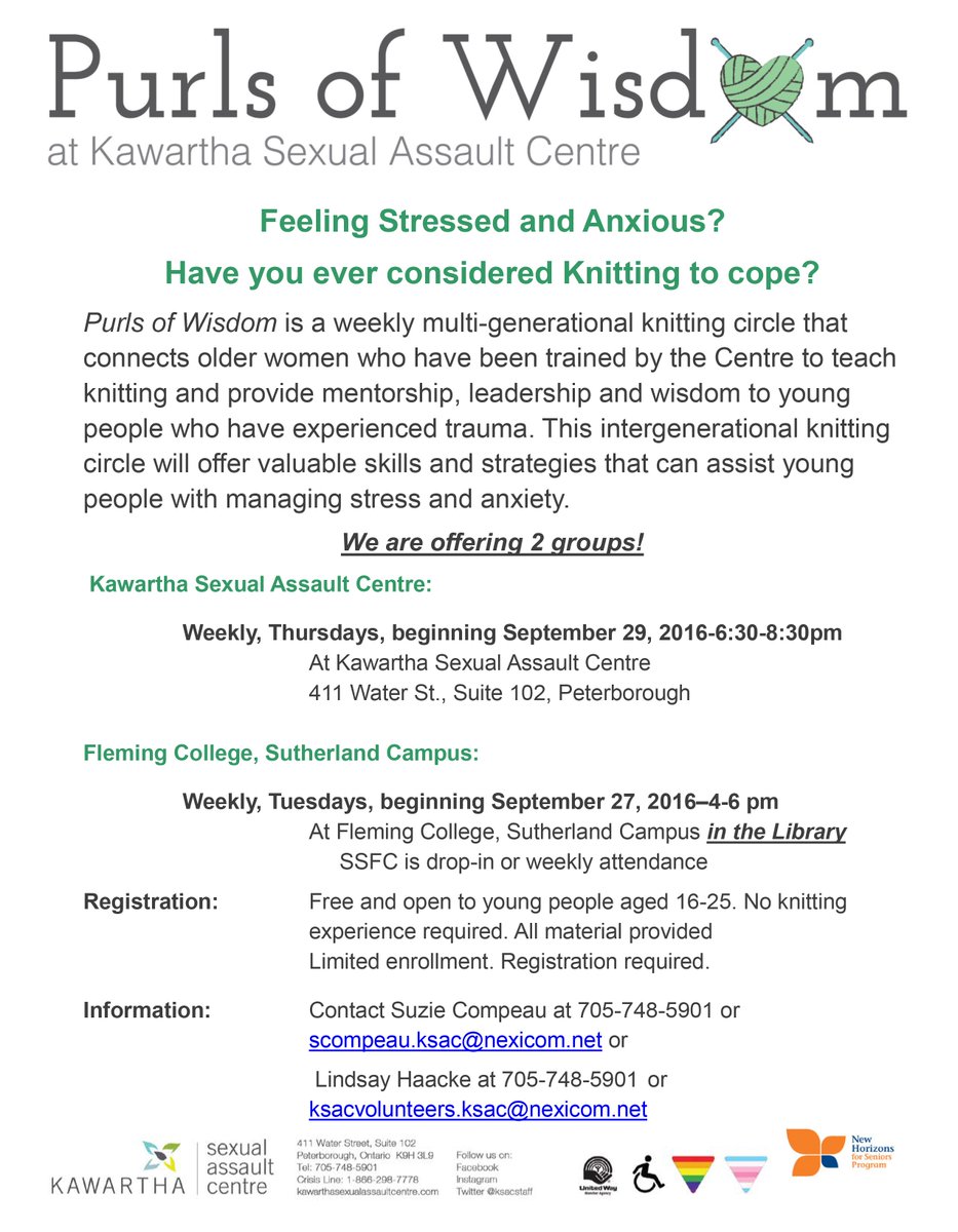 Kawartha_SAC's tweet image. Do you know a youth living with anxiety or trauma? Check out our drop-in youth knitting group #PurlsofWisdom, running two times a week!