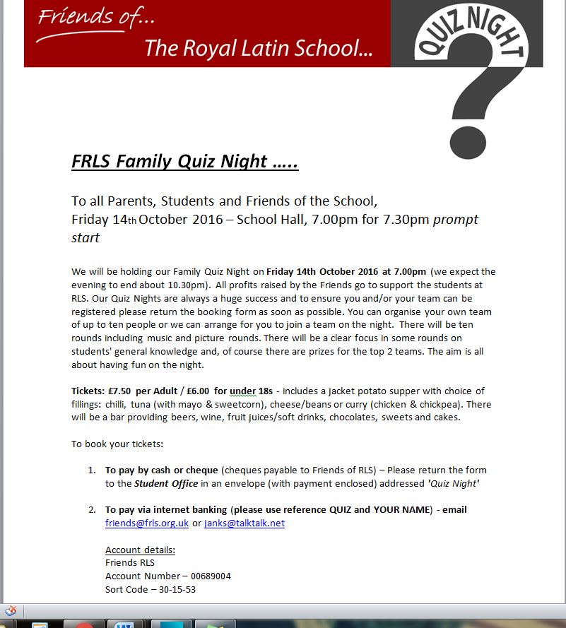 FRLS Family Quiz Night on 14th October 2016.