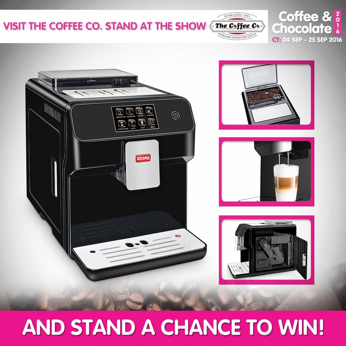 coffeechocexp's tweet photo. Visit #TheCoffeeCo stand #CoffeeChoc2016 and stand the chance to WIN the Rooma A9 Coffee Machine worth R10000! Enter with your business card https://t.co/i0IGhelydk