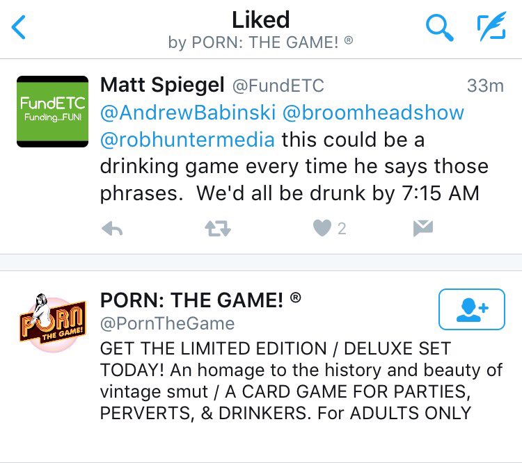 FundETC's tweet photo. @AndrewBabinski @broomheadshow @robhuntermedia what's better? porn: the game liking my tweet or them following you? https://t.co/7Y9vkL5D4p