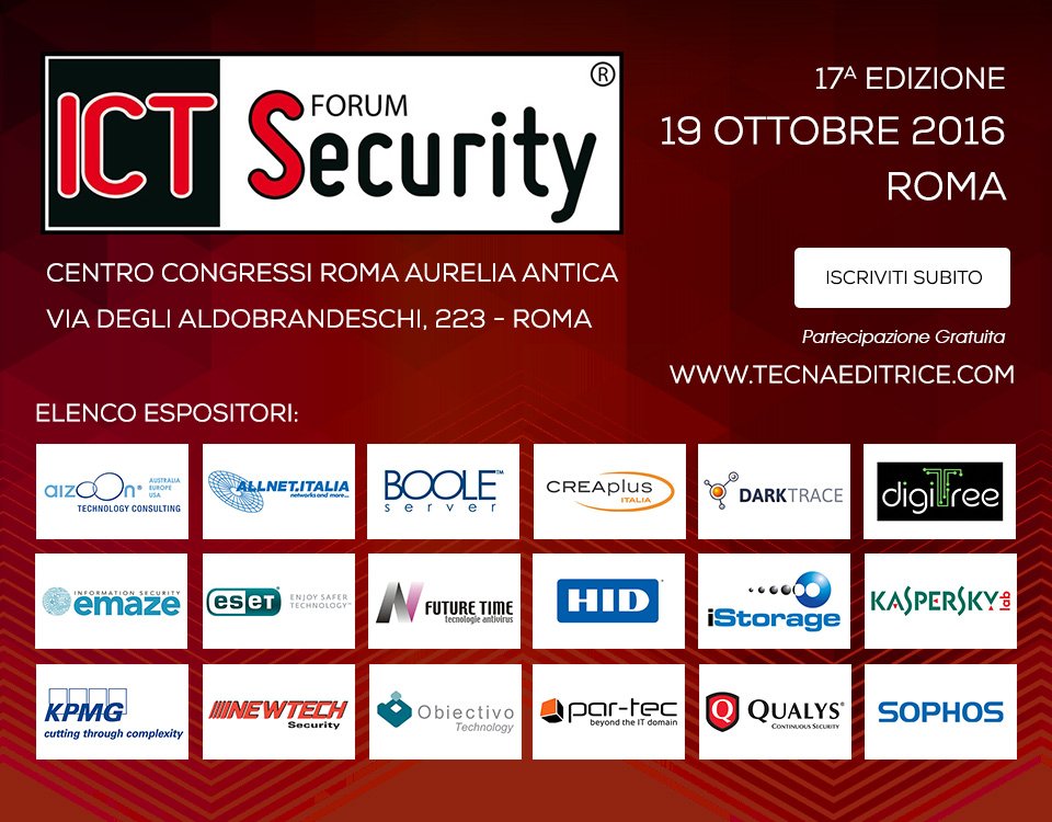 ForumICTSec's tweet photo. Il 19/10/2016 @ForumICTSec vi aspettano @KANGURU_IT @EmazeNetworks @ESET @HIDGlobal @iStorage_ltd @obiectivo https://t.co/aHA32C9B1l
#ICTsec https://t.co/15cuKrEOyd