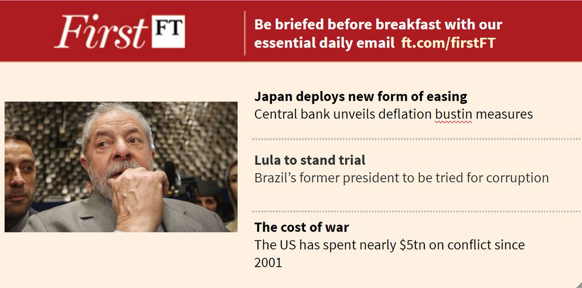 itassessors's tweet image. Japan deploys new form of easing, Lula to stand trial and more. Sign up for #FirstFT here: on.ft.com/2cR0ftx
