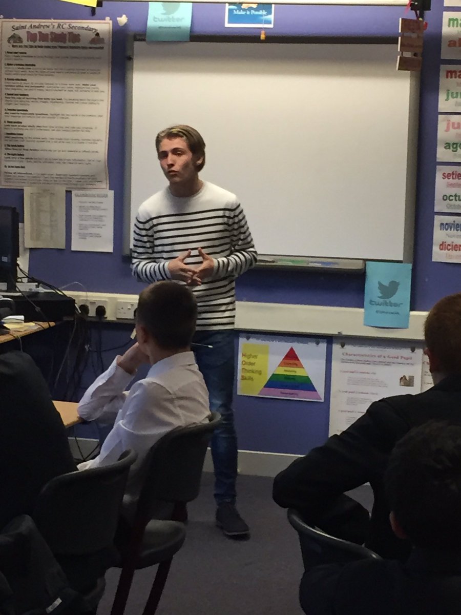 StAndrewsML's tweet photo. Our language ambassador Declan telling S3 about studying Law and French at Strathclyde Uni #whylanguagesmatter #learnthatlingo https://t.co/RGNqwJMWNI