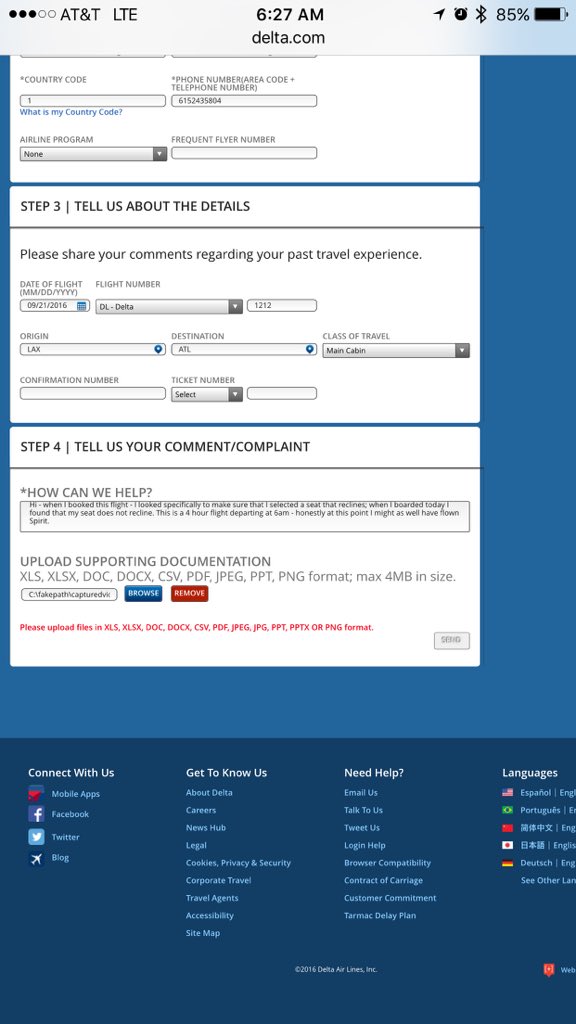 m0nicac's tweet photo. @Delta I'm trying to complete a complaint on your website and it won't "send." https://t.co/G4Fudhxdd9