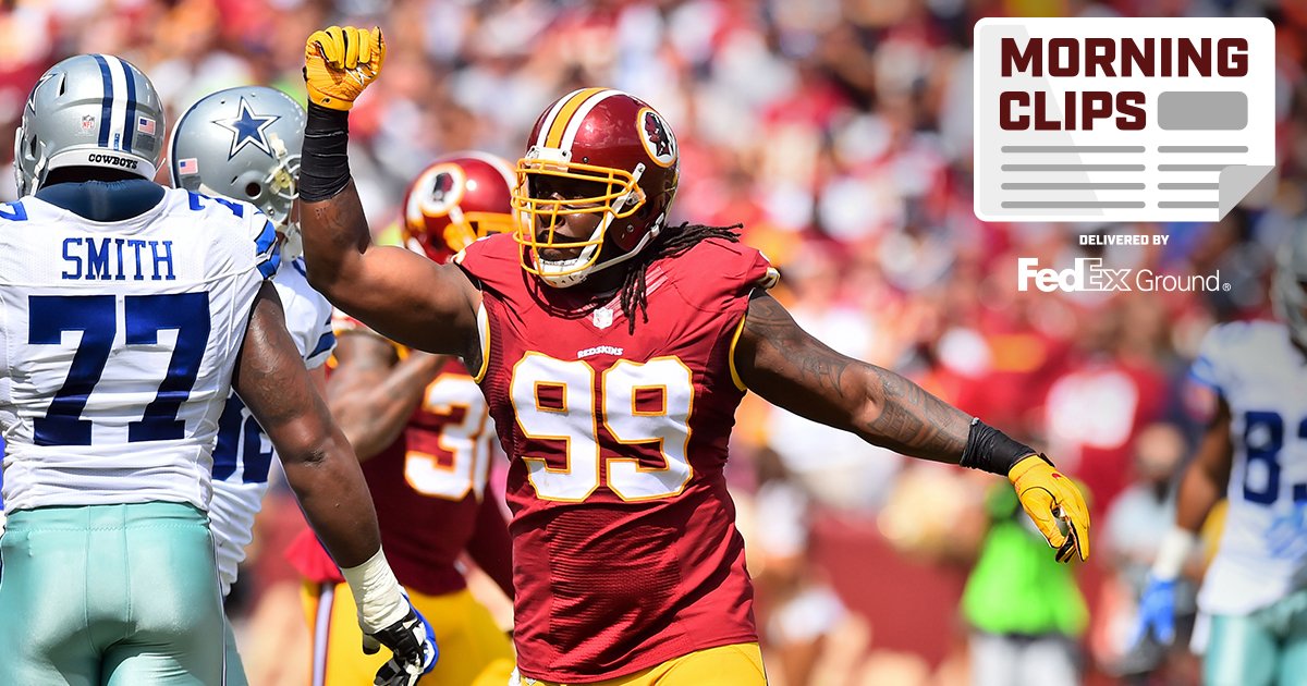 Commanders's tweet photo. Comments by Robinson, testing #Redskins' DL depth & more in #MorningClips delivered by @FedEx Ground: https://t.co/3pxo2hMlNt https://t.co/tWeCxX6JfO