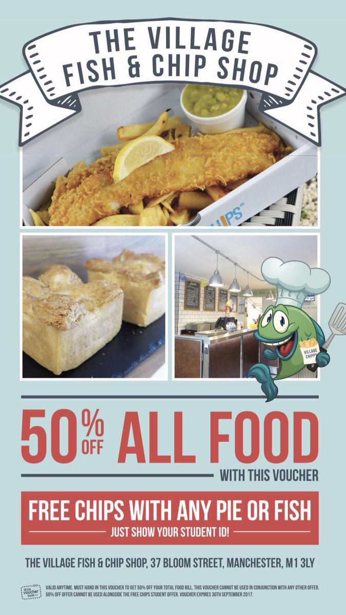 #Freshers2016 &amp; all #Manchester students fancy FREE CHIPS with any Pie/Fish? Just show your student ID at the counter! *T&amp;Cs* #humpdaytreat