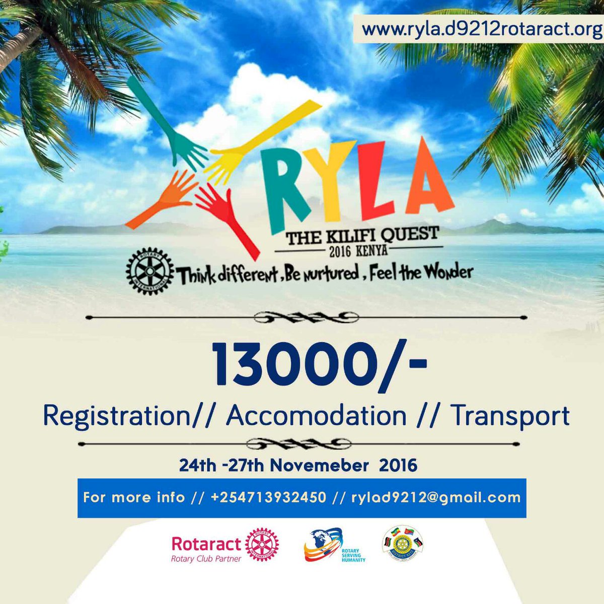 rotaract254's tweet photo. #TwendeKilifi in November 24-27th for #RYLA2016  
Kshs. 13,000 for registration, accommodation, meals and transport

https://t.co/1IMkONM9iX https://t.co/3IIpgEHURv