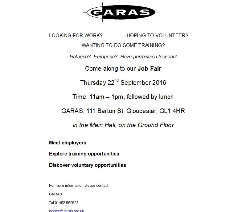 garas.org.uk/Events.aspx <a href="/GLOSINFO/">www.glos.info - Gloucestershire</a> <a href="/GLOSJOBS/">GlosJobs.co.uk - Gloucestershire jobs</a> @GloucesterJCP @RichardGrahamMP <a href="/gloslibs/">Gloucestershire Libraries 📚</a> #GlosBiz <a href="/GFuturesUK/">GFutures</a> <a href="/Gloucester_/">Gloucester News</a> <a href="/BBCGlos/">BBC Gloucestershire</a>
