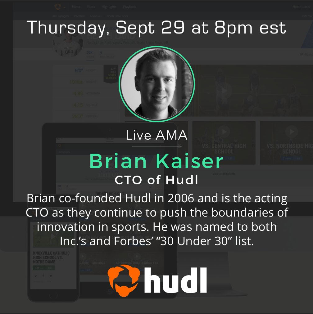 StartersHQ's tweet photo. Don't miss our AMA with CTO of @Hudl @bwkaiz on Sept. 29. 📅 Save the date, you aren't going to want to miss this. #WeAreStarters 💪 https://t.co/BYKJjBpPP8