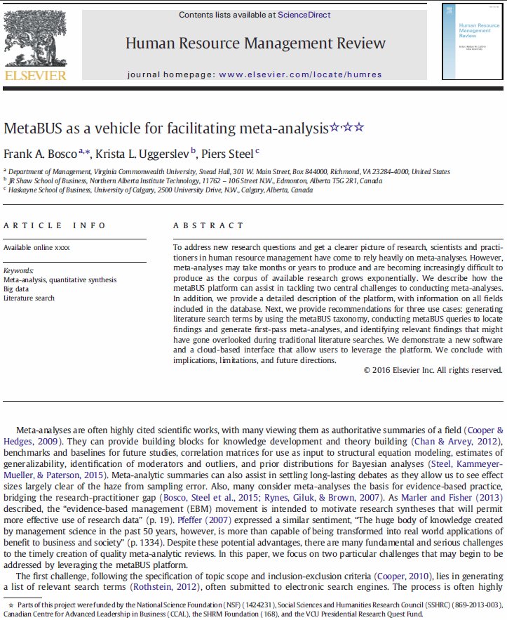 MetaBUSproject's tweet photo. New publication on metaBUS in Human Resource Management Review. Thanks, @SHRMFoundation and @DiggingIntoData! #BigData #openscience https://t.co/kkFTXiCFdI