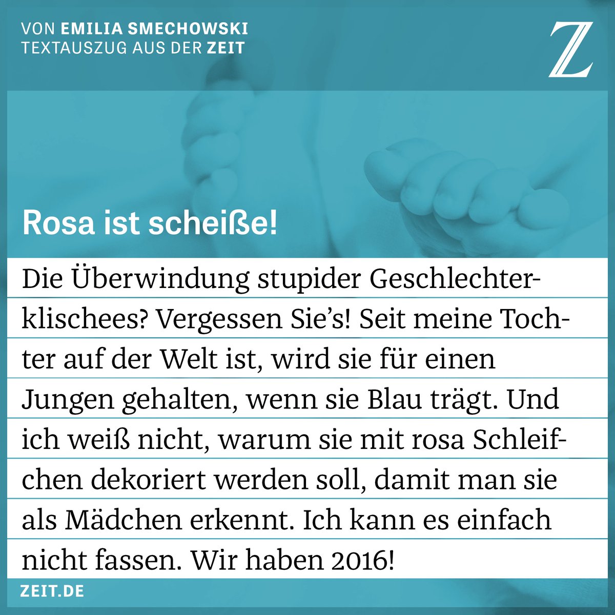 zeitonline's tweet photo. Blau für Jungs, Rosa für Mädchen. Unsere Autorin war nicht besonders am Feminismus interessiert. Bis jetzt: https://t.co/f1rQl6MZ2V https://t.co/TO6j0PZsEd