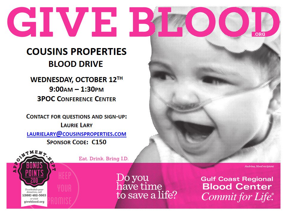Make time on 10/12 to save a life in the 3POC Auditorium! <a href="/commitforlife/">Gulf Coast Blood</a>