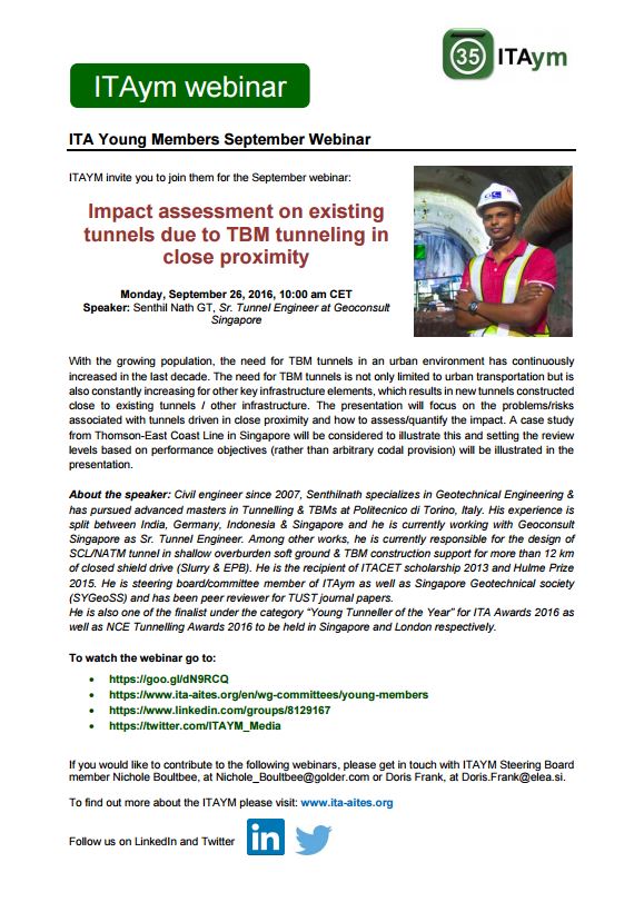 ITAYM_Media's tweet photo. @ITAYM_Media webinar Monday. Listen to @gt_sn talk about impact assessment on existing #tunnels due to #TBM #tunnelling in close proximity https://t.co/vX2m4E8GIo