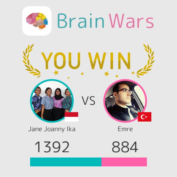 I challenged Emre and won:) Challenge players from around the world! #BrainWars brainwarsapp.com