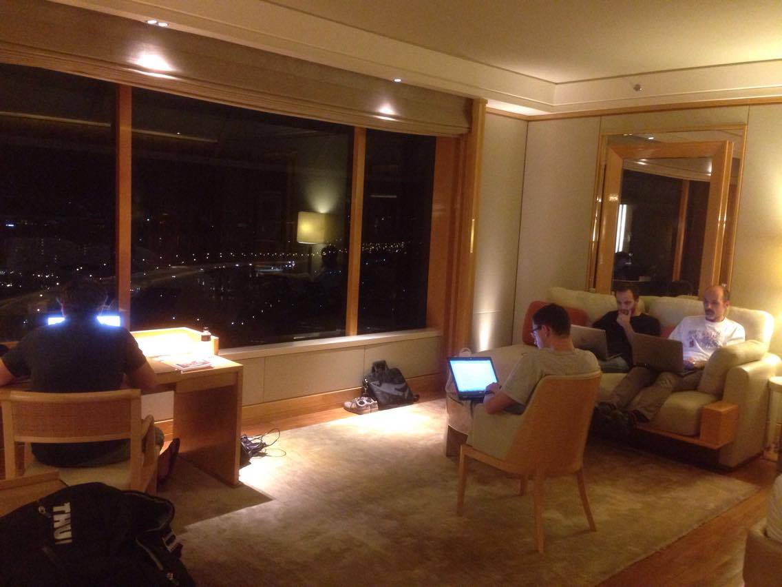 Kangorian's tweet photo. Another long night working in the hotel room, but we are going strong with teamwork! #TeamClear2Play #HackathonFIS https://t.co/IpI4GzkSGg