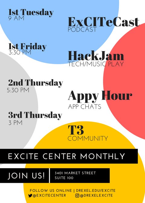 excitecenter's tweet photo. Here are four ways to engage with us each month. #ExCITeCast #AppyHour #T3 #HackJam https://t.co/AXzgUKPG6Q