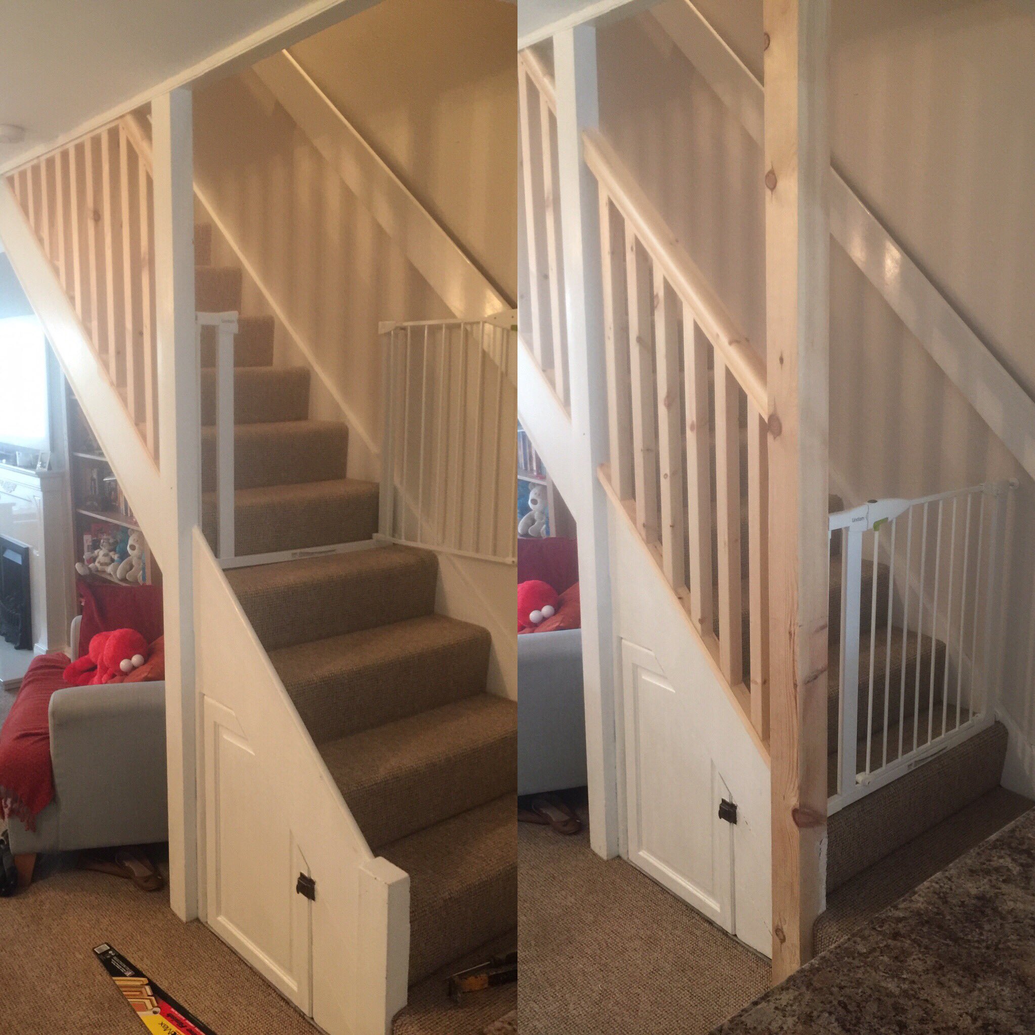 MB Carpentry on X Newel post fitted from floor to ceiling. Handrail and square spindles extended down to meet the new newel post. https t XTBNEkxIOM X