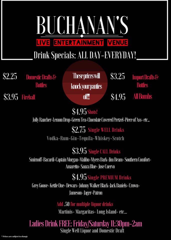buchanans_live's tweet photo. Ridiculous Prices!!

Where can you get Patron, Grey Goose, Crown etc... for $4.95!!!

Long Island Iced Tea $3.25!! https://t.co/RscXrwNBBb