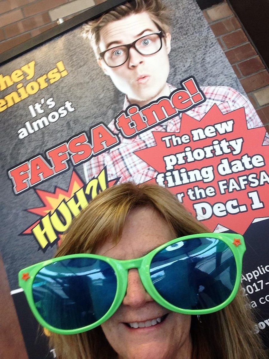 SAFMT's tweet photo. Marti Johnson, RHM Advisor, having fun at the photo booth in Great Falls at the Montana Fall College Fair Tour. #406students. https://t.co/r5yuLfITF3