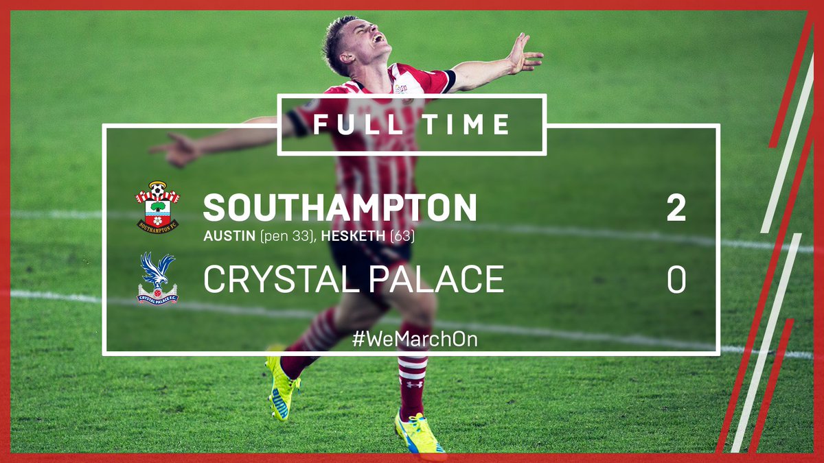 FULL TIME: #SaintsFC 2-0 #CPFC

<a href="/chazaustin10/">Charlie Austin</a> and <a href="/JakeHesketh/">Jake Hesketh</a> fire Claude Puel's side into the fourth round of the #EFLCup!