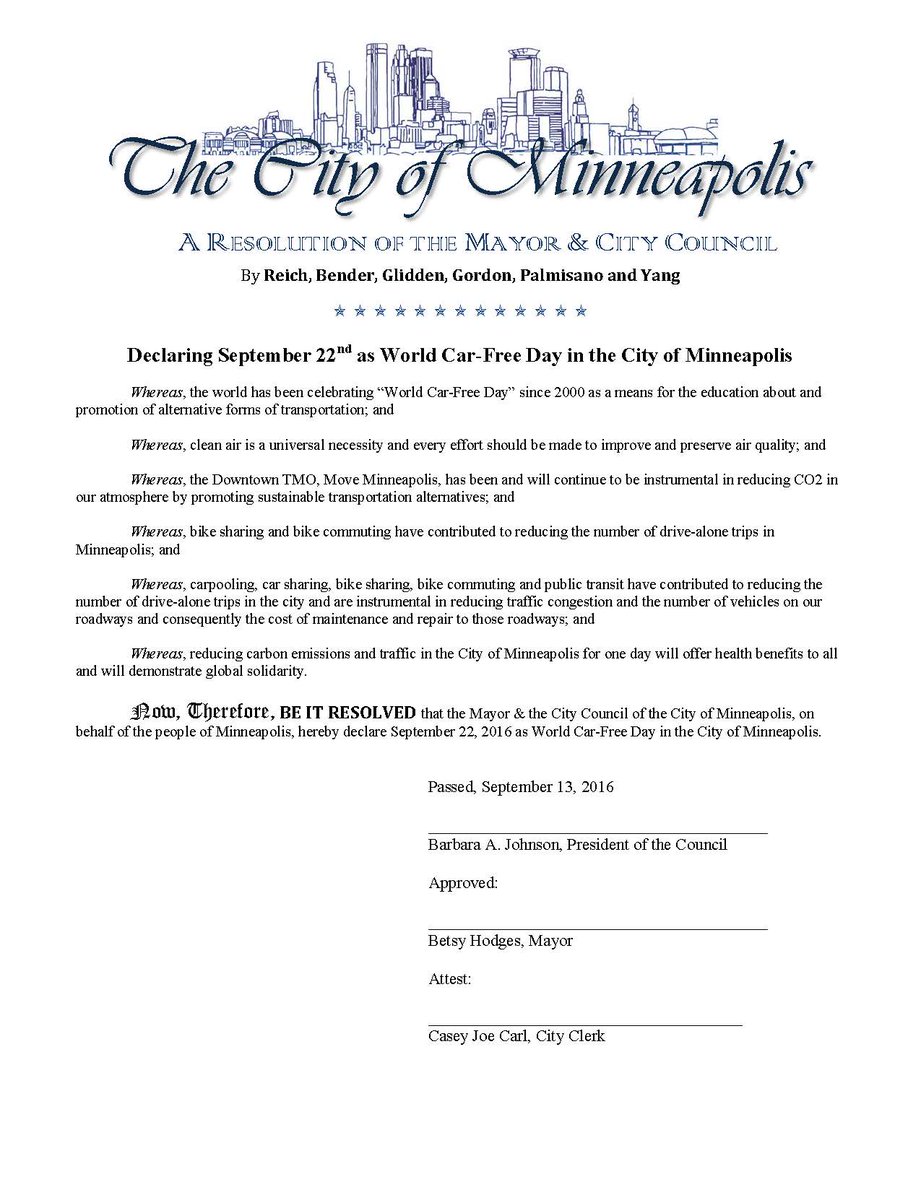 CityMinneapolis's tweet photo. The City Council declared Sept. 22 #carfreeday. Carpool, use transit, walk or bike instead of driving alone on Thursday. #worldcarfreeday https://t.co/cgLD92e0HI