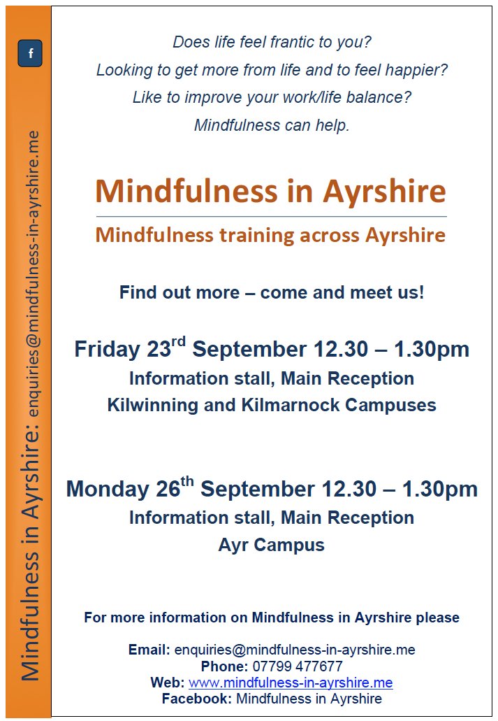 AyrshireColl's tweet photo. Does life feel frantic to you? Looking to get more from life and to feel happier? Mindfulness can help #mymentalhealthmatters https://t.co/rBCNLIwhSR