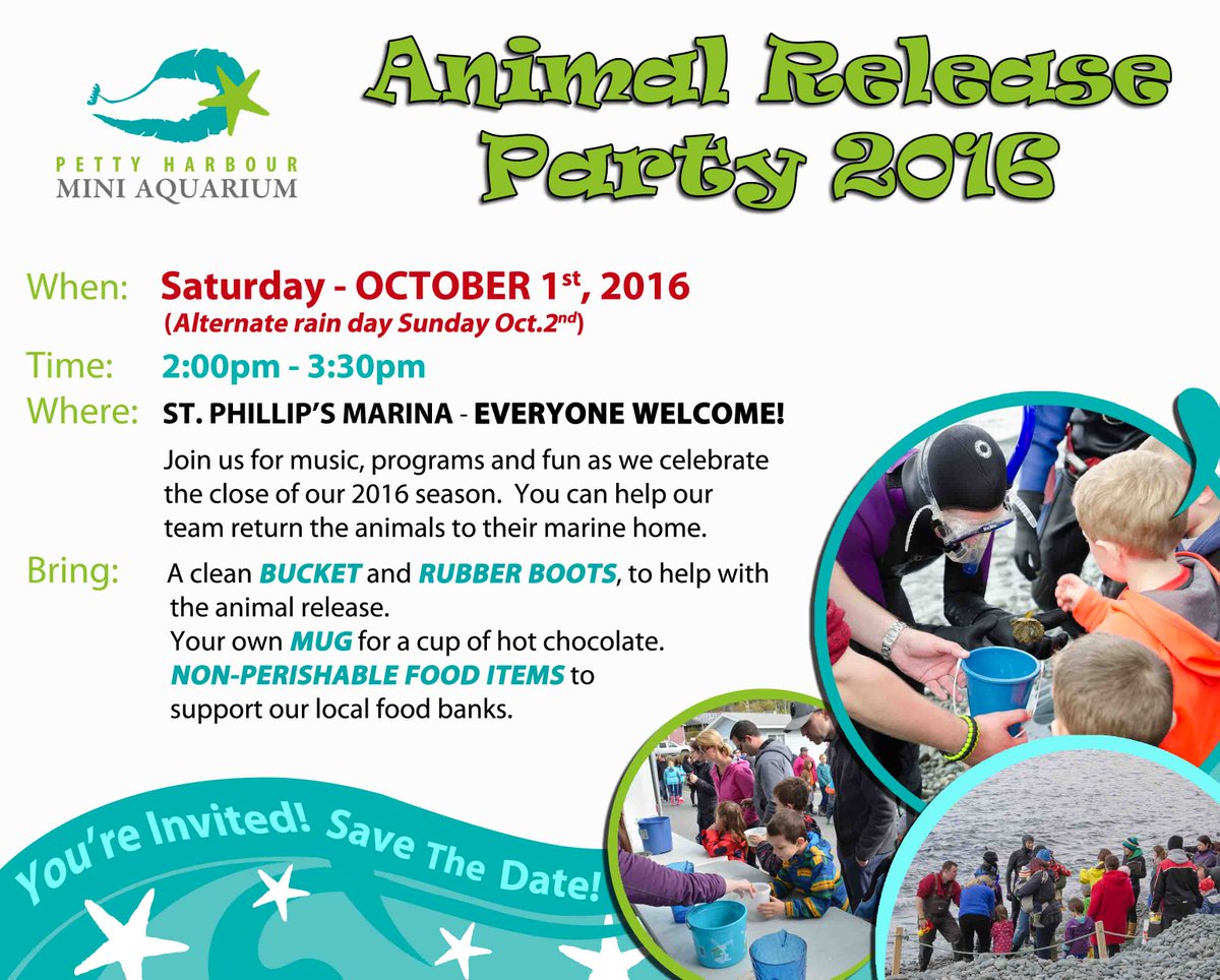 PettyHrMiniAqua's tweet photo. Petty Harbour Mini Aquarium ANIMAL RELEASE PARTY on October 1st @ 2pm at the St. Phillip's Marina.  SEA you there! https://t.co/J3J2B3ACgN