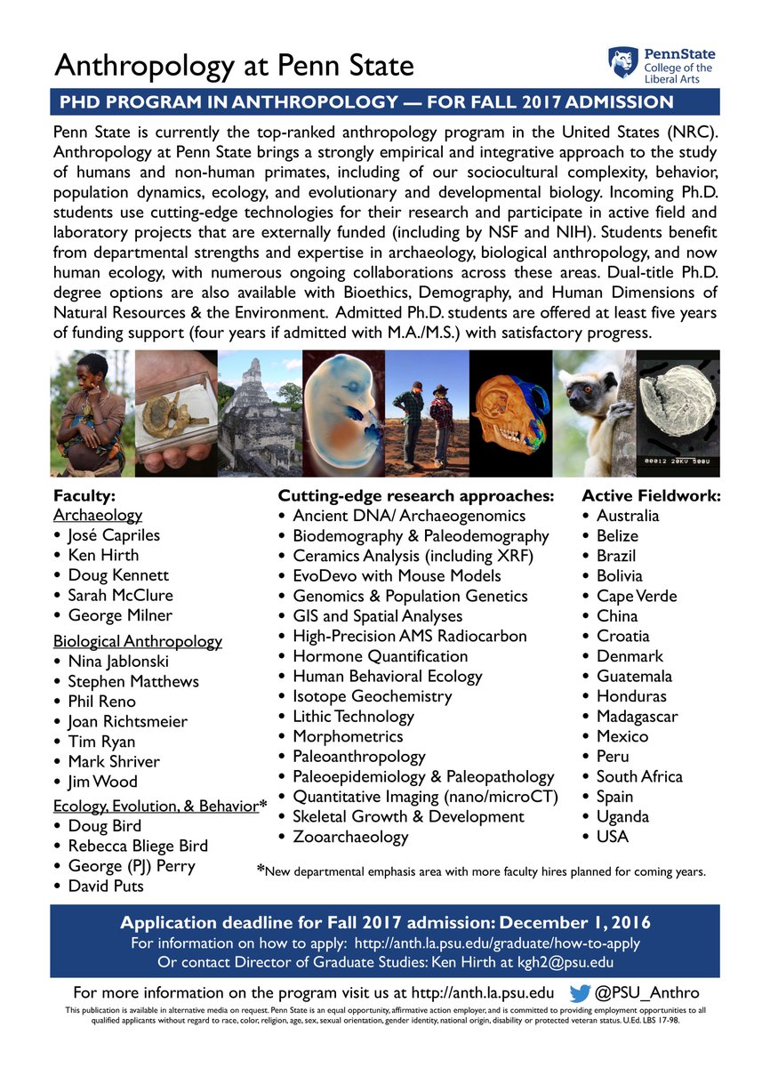 grg_perry's tweet photo. Flyer for our excellent @PSU_Anthro PhD program. Apply by 12/1 for Fall 2017. I am recruiting students (as are other faculty!). Please RT! https://t.co/42gAn0cMul