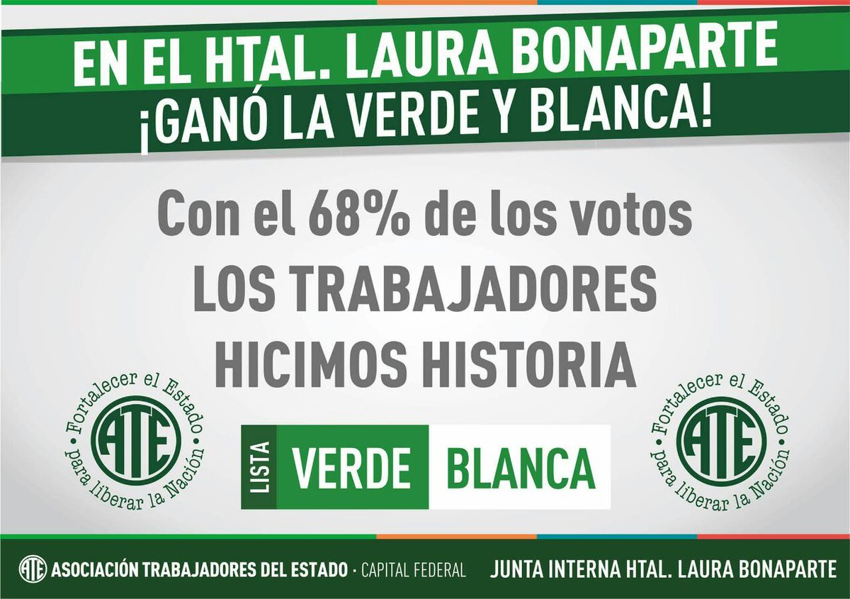 ATE_Bonaparte's tweet photo. El 17 de septiembre comenzó la Refundación.
El gremio vuelve a ser de los laburantes.
- Junta Interna "Hospital Laura Bonaparte" - https://t.co/f057RAjEdV