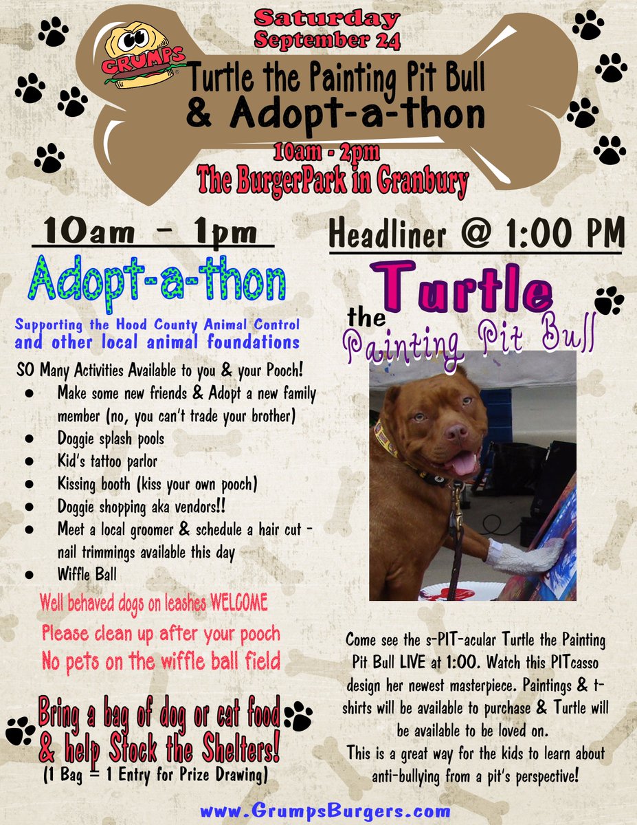 Adopt-a-thon &amp; Turtle the Painting Pit Bull THIS Saturday! Bring a bag of dog food to enter yourself into a drawing for a KICK-A gift basket