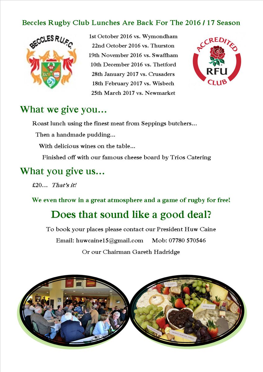 Beccles_RUFC's tweet photo. Our club lunches help turn fun for you and your friends and clients into funds for the club. Always and enjoyable day. https://t.co/lpwv1DZTF3