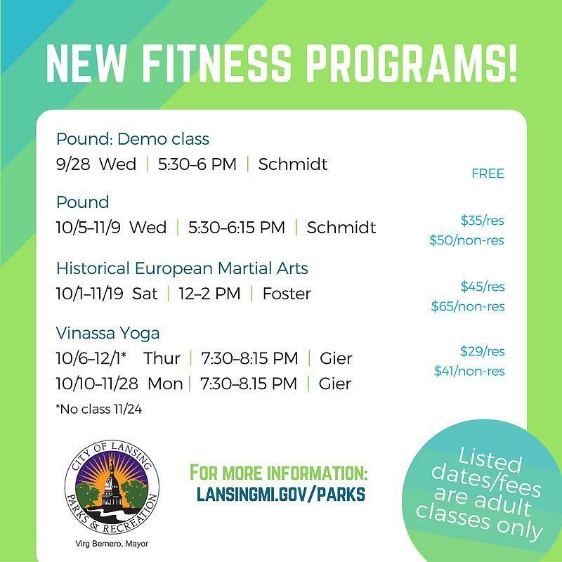 LansingParksRec's tweet photo. Registration link in bio! Check out our new adult classes for this fall 💪 #fallfitness #lansingparksandrec #playlan… https://t.co/e8wh7dmMXu