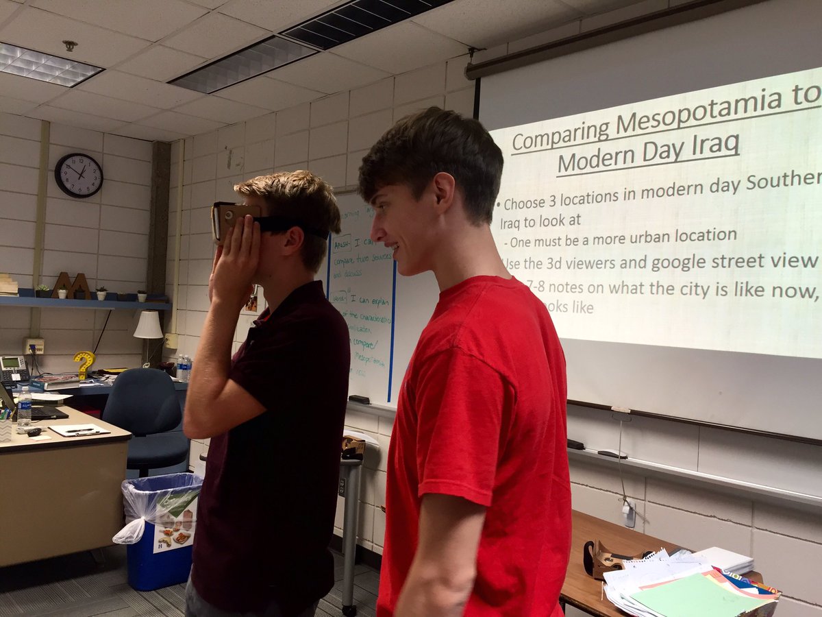 Stucynski's tweet photo. Using Google cardboard in class to see what ancient Mesopotamia (Iraq) looks like today #edinahs #worldhistory https://t.co/LbMYWwaAtz