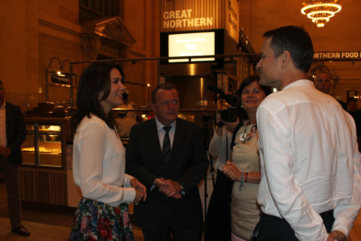 DenmarkinNY's tweet photo. HRH Crown Princess Mary and Prime Minister @larsloekke visited @ClausMeyerDK's Great Northern Food Hall at Grand Central #nordicfood https://t.co/G9ZvQubPgR