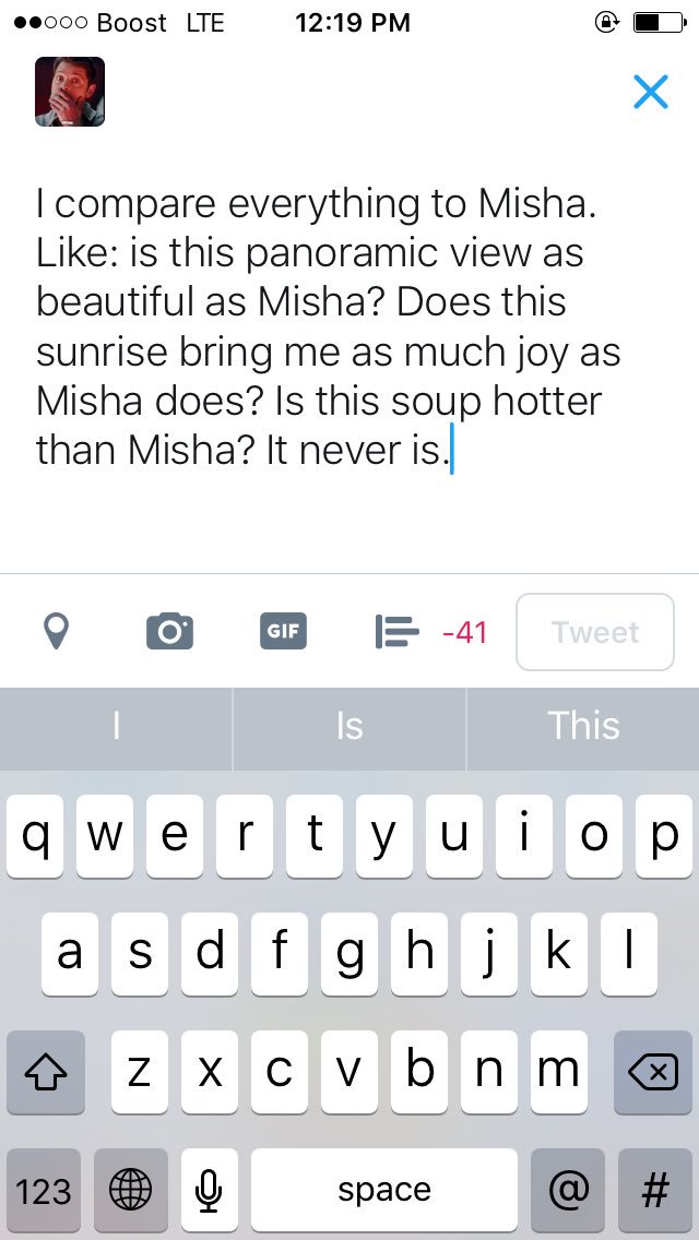 lonelyb1oom's tweet photo. I woke up at 3:00 am last night just to type this and saved it to my drafts.... Misha is ruining my life https://t.co/7kyEEiXhEc
