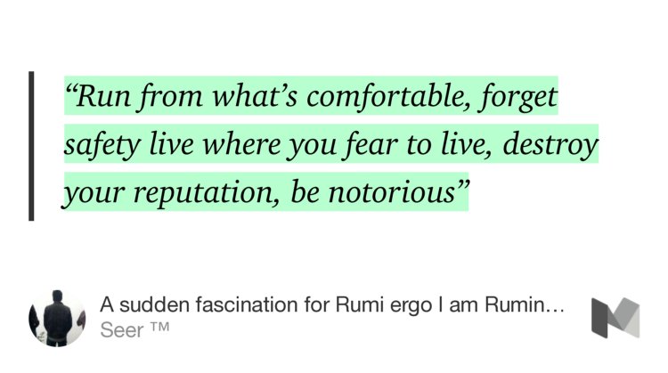“‘Run from what’s comfortable, forget safety live where you fear to live, destroy your reputation, be notorious’” from “A sudden fascination for Rumi ergo I am Ruminating..” by Seer ™.