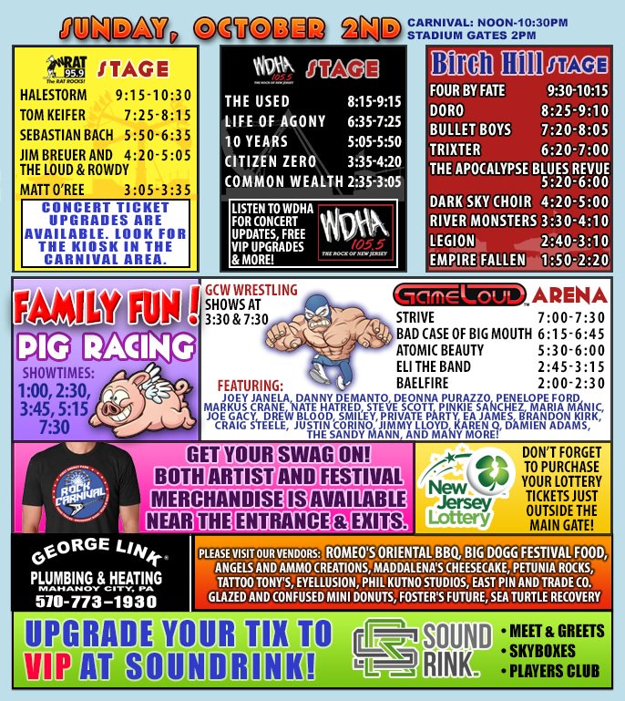 OFFICIAL SET TIMES FOR THE ROCK CARNIVAL: