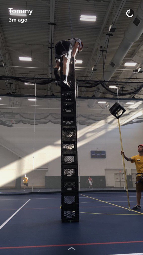 Check out our friend Tommy conquering Crate Stacking! How many can you stack? Stop by the blue courts!