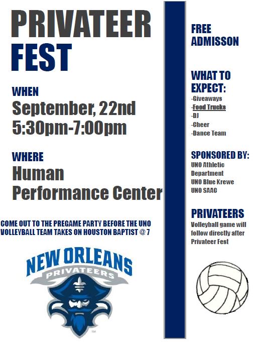 Wear blue Thurs &amp; come enjoy food trucks, DJ, giveaways, 5:30-7pm, in front of the HPC before @Privateers_VB game #PrivateerFest #UNOProud