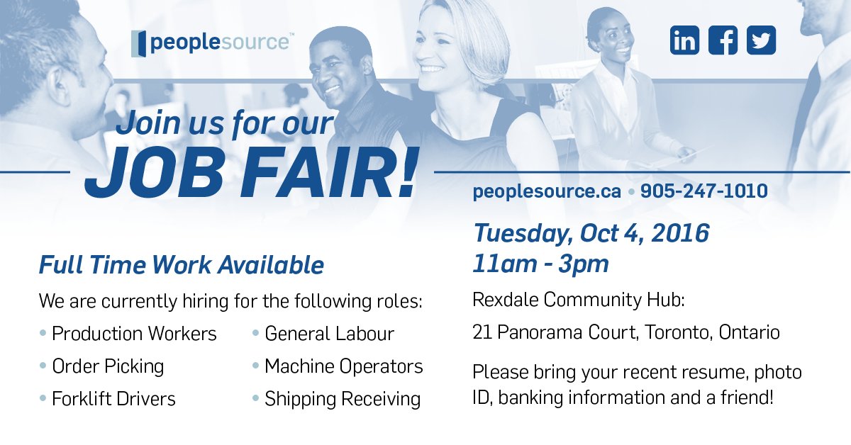 itspeoplesource's tweet photo. Join us at our Job Fair at the Rexdale Community Hub on 4th October. Don't forget your resume! #Peoplesource #jobfair #jobhunt #Toronto https://t.co/vk8sXKp4iv