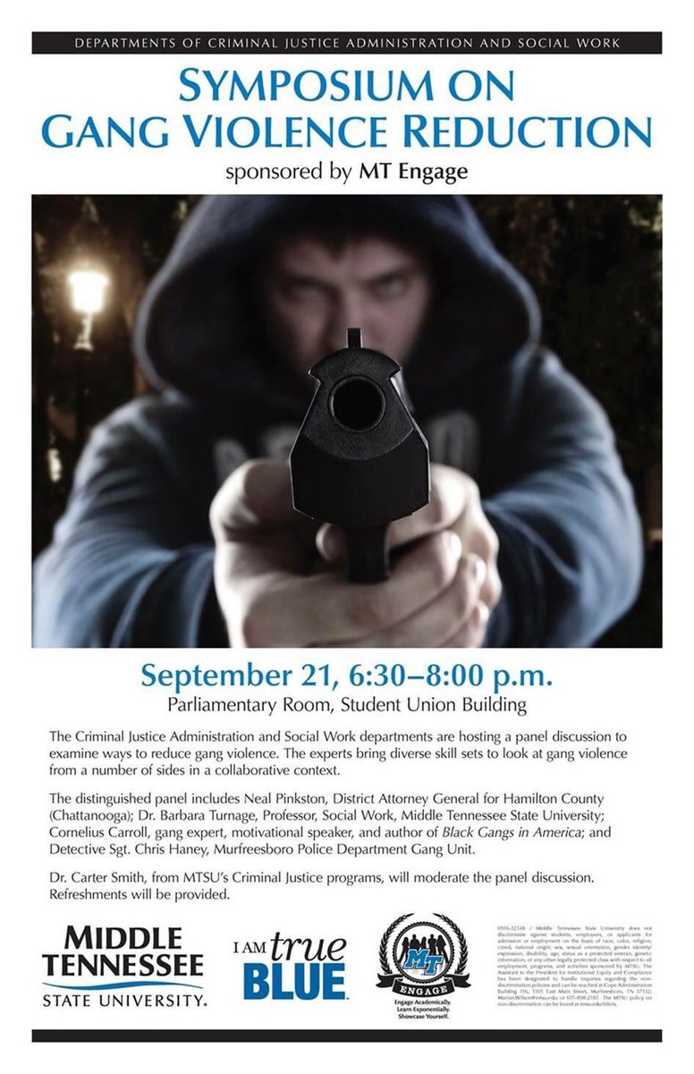 carterfsmith's tweet photo. Preparing for the Symposium on Gang Violence Reduction, tonight at 630PM. @TNGIA1998 @MTSUNews @MTSUCJADEPT #gvrmtsu #mtengage https://t.co/wmNvOWYTMy