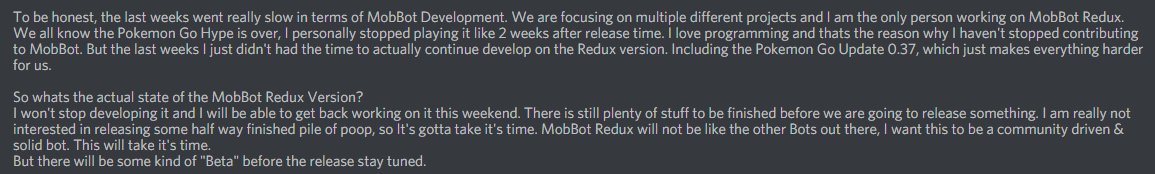 PokeMobBot's tweet image. MobBot Redux Status Update:
We won't release some half way finished pile of poop.

As always, stay tuned.