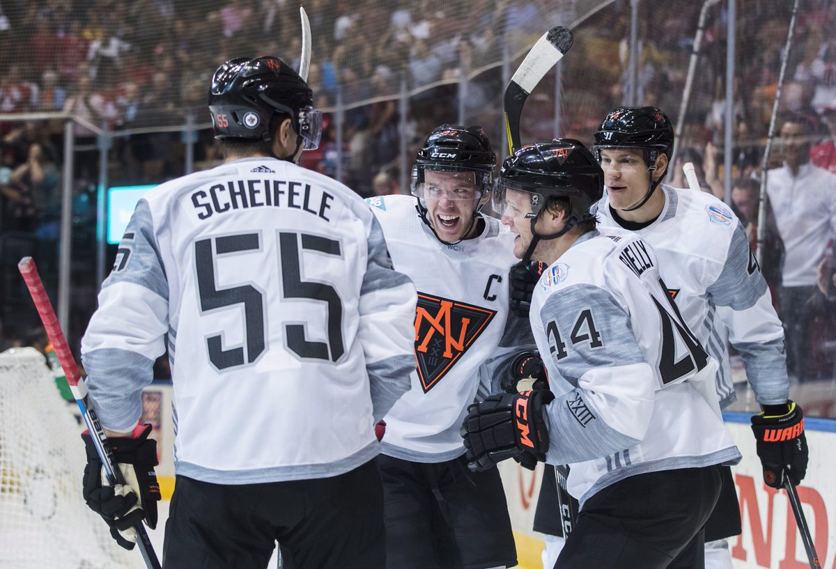 SportsCentre's tweet photo. Nathan MacKinnon wins it in OT as North America tops Sweden 4-3; SWE advances, NA must wait for FIN/RUS result. https://t.co/i0YkC13bLW https://t.co/yeu5HfrIEU