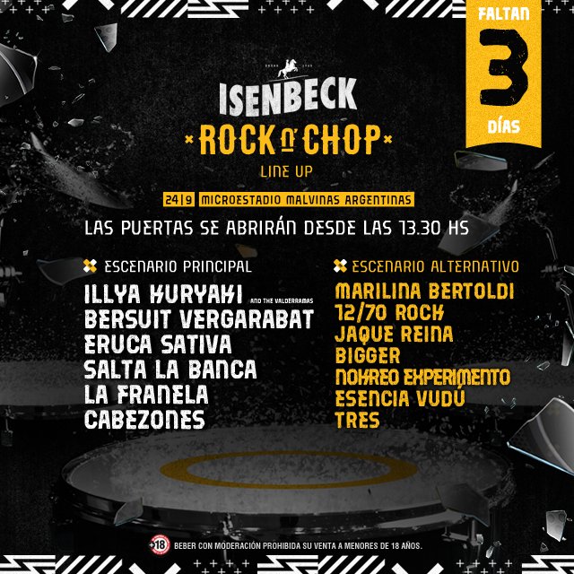 MalvinasEstadio's tweet photo. Imperdible! SÁBADO 24/9, #Isenbeck #RocknChop, #EstadioMalvinasArgentinas! Conseguí tu #Entrada #Gratis ACÁ ➨ https://t.co/vIZ5sV3UUR https://t.co/pkk3GLu1PK