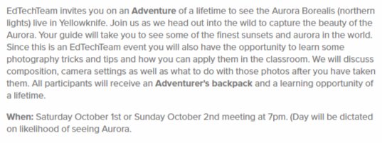 edtechteam's tweet image. Capture the moment w/ #edtechadventure after Northern Lights Summit! nvite.com/Adventures/ed7f @yk1_schools #cdnedchat
